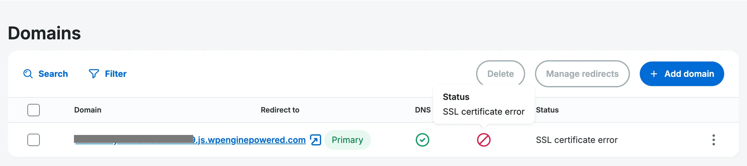 Domain SSL status with error